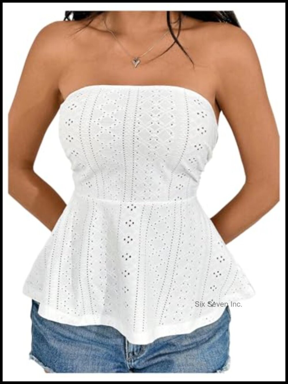 Eyelet Embroidery Strapless Ruffle Peplum Tube Top